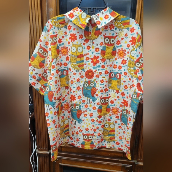 Owl Print Collared Short Sleeve Shirt XXL - Picture 5 of 5
